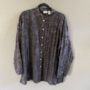 Chico’s Tunic Womens XL Brown  Bamboo Leaf Burnout Asian Button Up Art To Wear